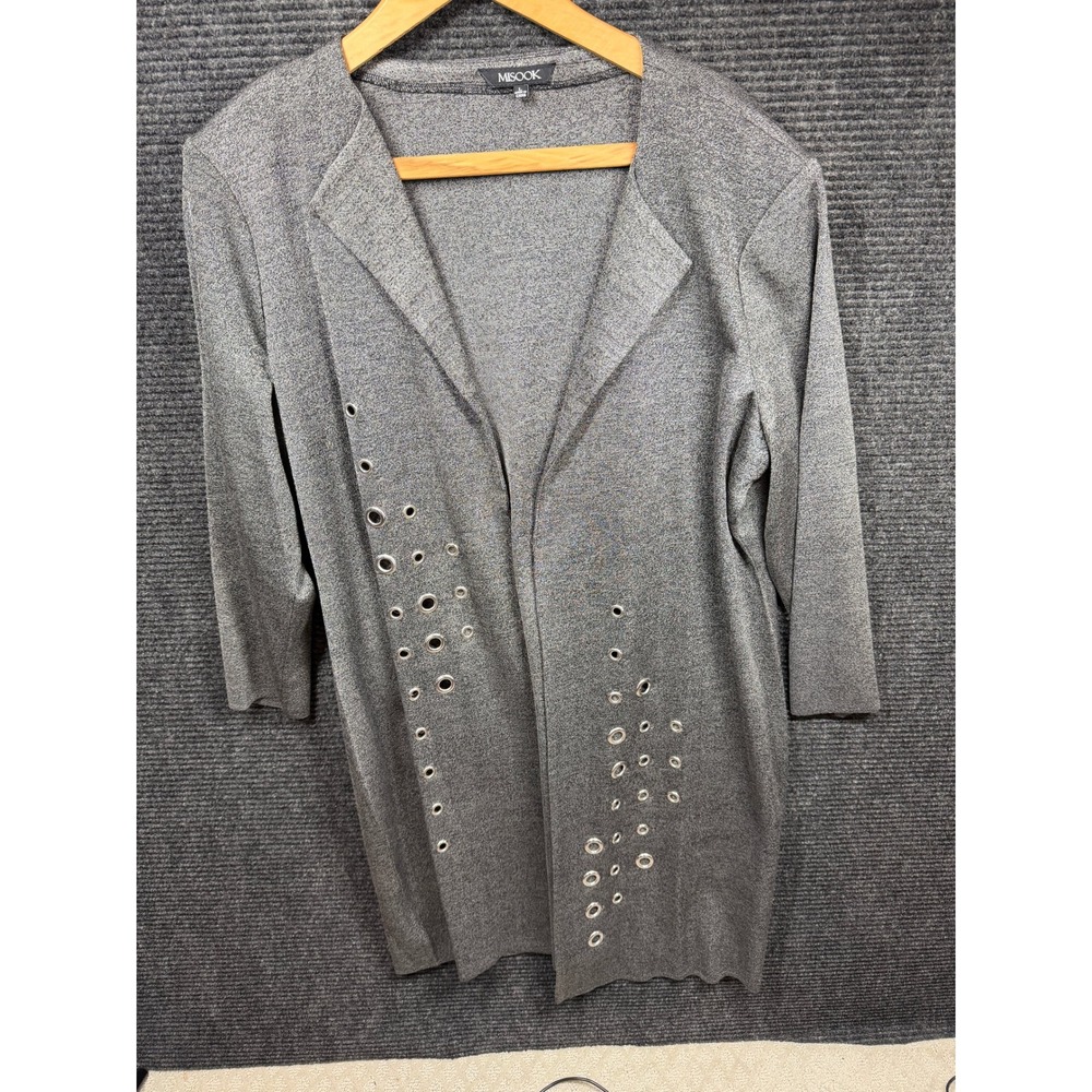 Misook Gray Knit Cardigan Jacket Grommet Eyelet Accent Open Front Womens Size L